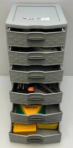 lot 122 image: Two Sterilite Three Drawer Stacking Storage Containers With Art Supplies, Finger Nail Polish & More