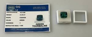 lot 39 image: GG IJ Gems Gemological Institute Of Jaipur (Lab Created) 14.75 CT Cushion Cut Green Tourmaline With Card (In Protective Case)