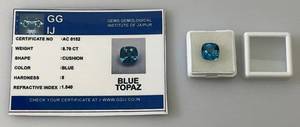lot 40 image: GG IJ Gems Gemological Institute Of Jaipur (Lab Created) 8.70 CT Cushion Cut Blue Topaz With Card (In Protective Case)