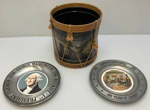 lot 133 image: Very Cool Metal Drum Bucket 10 12 H x 10 W And Presidential Metal Plates