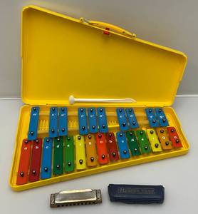 lot 136 image: Vintage 25K Xylophone Kids Rainbow Bars 1 Mallet & M. Hohner Blues Harp In Original Case