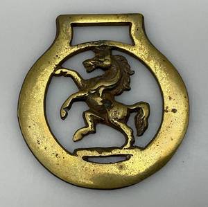 lot 162 image: Vintage Horse Brass Medallion Harness Buckle Rearing Horse Design 3 x 3 14