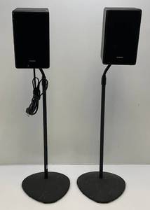 lot 195 image: Samsung Surround Sound Speakers Model No. SWA-9500S On Adjustable Stands (1 Missing Power Cord)