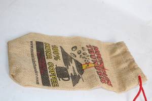 lot 371 image: Empty Burlap Sack with 100% Kona Coffee Print 6x12 Inches