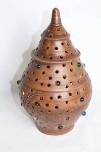 lot 374 image: Handcrafted Terracotta Decorative Lantern with Colored Glass Accents