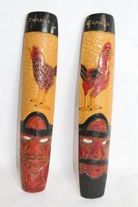 lot 378 image: Set of 2 Jamaican Hand-Carved Wooden Wall Masks with Rooster Design