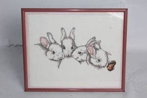lot 455 image: Framed Cross-Stitch Art Featuring Bunnies and Butterfly
