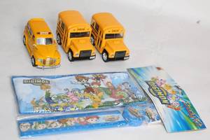 lot 464 image: Set of 3 Yellow School Bus Model Toys with Digimon Study Kit