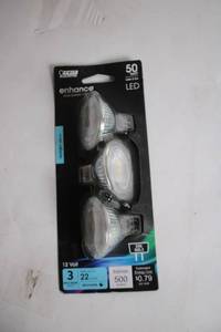 lot 64 image: Set of 3 LED GU53 Light Bulbs 50 Watt Daylight Enhance by Feit Electric