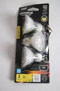 lot 74 image: Pack of 3 Enhance GU10 LED Light Bulbs 50 Watt Dimmable