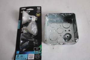 lot 258 image: Set of 3 Enhance 50W LED GU10 Light Bulbs & Electrical Box