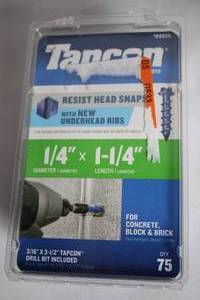 lot 303 image: Pack of 75 Tapcon Blue Concrete Anchor Screws with Drill Bit