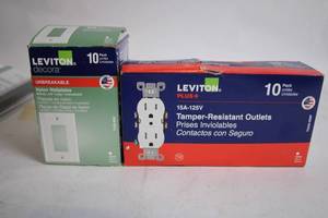 lot 418 image: Leviton Pack of 10 Tamper-Resistant Outlets and Nylon Wallplates