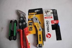 lot 421 image: Set of Industrial Tools DeWalt Utility Knife, Aviation Tin Snips, Hex Key Set, and Velcro Industrial Roll