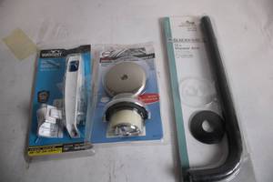 lot 427 image: Bathroom Hardware Bundle 12in Shower Arm, Overflow Plate, Door Hardware