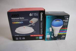 lot 445 image: Ecosmart LED Bluetooth Speaker Bulb and Juno 6-Inch Regressed Wafer Lighting
