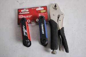 lot 452 image: Husky 3-Piece SAE, Metric, and Torx Folding Hex Key Set with Locking Pliers