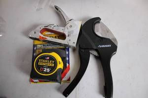 lot 473 image: Set of Stanley FatMax Tape Measure, Husky Shears, and Heavy-Duty Staple Gun