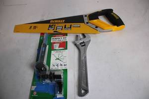 lot 498 image: DeWalt Hand Saw, Fluidmaster Toilet Tank Lever, and Adjustable Wrench Set