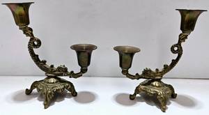 lot 144 image: Set of Antique Brass Dragon Motif Candelabra Pair