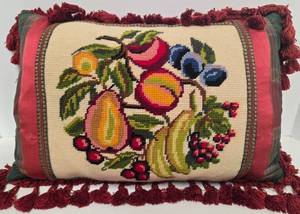 lot 153 image: Vintage Needlepoint Throw Pillow with Fruit Design and Tassel Edging