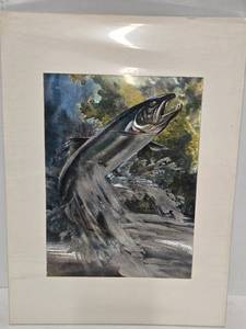 lot 157 image: Foil Artwork of Salmon Fish Jumping Stream Print in Matte