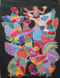 lot 160 image: Batik Hand Painted Art with Colorful Roosters and Boy