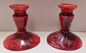 lot 186 image: Pair of Mid Century Style Splattered POTTERY Candle Holders