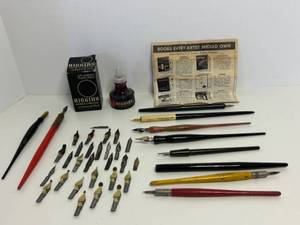 lot 27 image: Collection of Vintage Ink Pens and Nibs with Higgins Inks