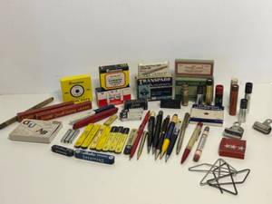 lot 28 image: Vintage Collection of Various Mechanical Pencils, Leads in Tins, Pens, Gummed Labels and Office Supplies