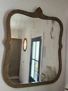 lot 73 image: XL 100 Year Old Antique Farm Wall Mirror with Ornate Wooden Frame Wall Decoration
