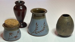lot 80 image: Set of 4 Miniature Vases Wright Pottery, California Redwood, and Solid Brass
