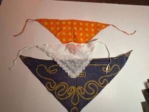 lot 89 image: Vintage 70s Retro Set of 3 Head Scarves Sears Roebuck, Eyelet Lace and One with Polka Dots