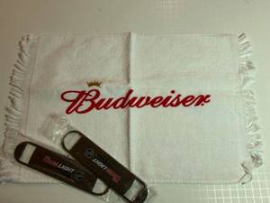 lot 90 image: Brand New Vintage Budweiser Bar Towel and Coors Light Bottle Openers