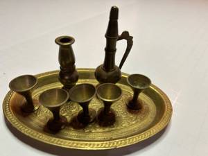lot 92 image: Vintage Brass Miniature Tray and Goblets Set