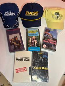 lot 110 image: Vintage Collection of 5 VHS Bass Fishing Tapes New Sealed and 3 Embroidered Fishing Caps