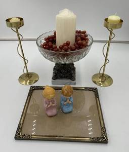 lot 240 image: Decorative Candle Set with Crystal Bowl, Brass Holders, and Angel Figurines