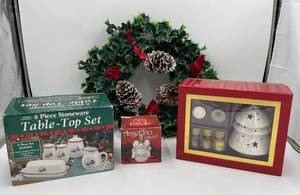 lot 251 image: Holiday Decor Collection including Stoneware Table-Top Set, Angels, Fragrance Lamp Set, and Wreath