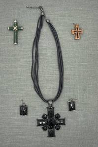 lot 264 image: Cross Jewelry 3 Pendants with JADE, Wood, and Black Crystal  Earrings