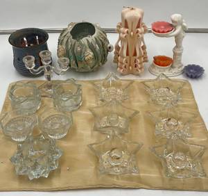 lot 270 image: Collection Glass and Pottery Candle Holders and Unique Vintage Candles