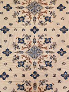 lot 196 image: Vintage French Tablecloth with Blue and Gold Floral Design