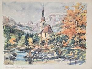 lot 206 image: Alps Watercolor View Print of Ramsau Berchtesgaden Landscape