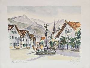 lot 213 image: 1924 Germany Partenkirchen Florian Square Watercolor Print