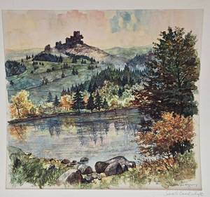 lot 218 image: Vintage Landscape Watercolor Print by Artist Gustav Traugott