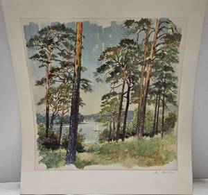 lot 219 image: Signed Print Artwork of Pine Trees and Sailboat by Kirsten Boserup