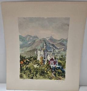 lot 248 image: Vintage Neuschwanstein Castle Watercolor Print by Artist Zobel