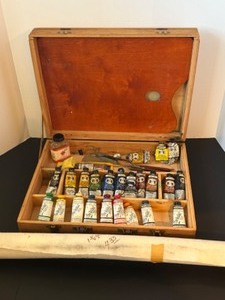 lot 371 image: Vintage Wooden Artists Box with Assorted Oil Paints and Tools & Gesso Coated CANVAS