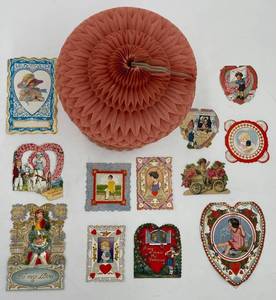 lot 382 image: Vintage Honeycomb Centerpiece and 12 Valentines Day Cards Collection