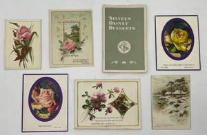 lot 386 image: Antique Ephemera Set with 16 Dainty Desserts Booklet and 6 Floral Greeting Cards