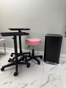 lot 32 image: (2) Rolling Trays, Stool, Garbage Can